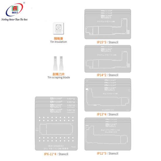 AMAOE 24 IN 1 IPHONE MIDDLE LAYER MOTHERBOARD / BGA REBALLING STENCIL PLATFORM SET FOR IPHONE X TO 14 SERIES - 0.12MM