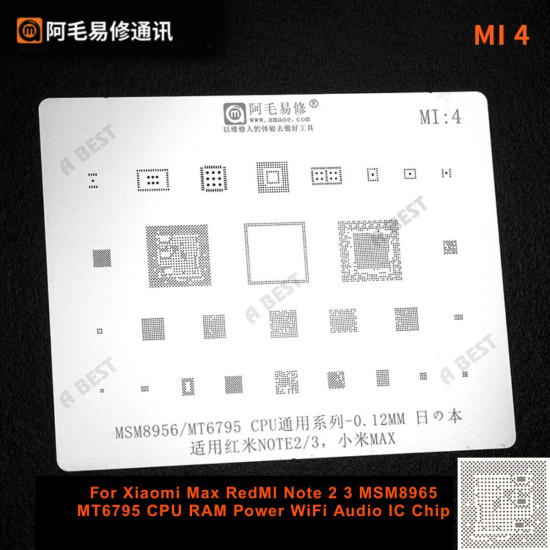 AMAOE MI-4 BGA Reballing Stencil – 0.12mm for MSM8994 / 8996 CPUs, Compatible with Xiaomi Mi4, Mi4i, Mi Max AMAOE MI-4 BGA Reballing Stencil – 0.12mm for MSM8994 / 8996 CPUs, Compatible with Xiaomi Mi4, Mi4i, Mi Max