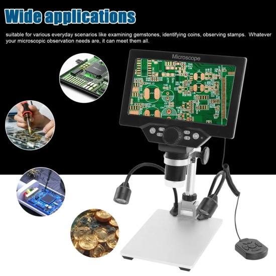 B1200 DIGITAL MICROSCOPE WITH 7 INCH LARGE HD DISPLAY (1-1200X) CONTINUOUS AMPLIFICATION MAGNIFIER WITH METAL STAND AND TWO AUXILIARY LIGHTS