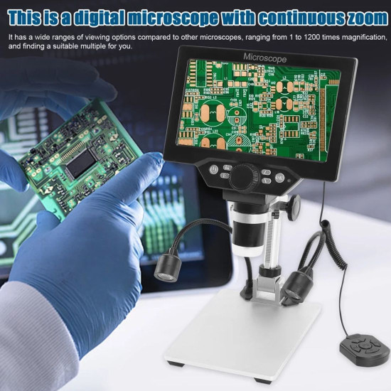 B1200 DIGITAL MICROSCOPE WITH 7 INCH LARGE HD DISPLAY (1-1200X) CONTINUOUS AMPLIFICATION MAGNIFIER WITH METAL STAND AND TWO AUXILIARY LIGHTS