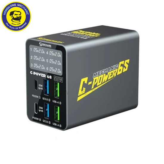 MECHANIC C-POWER 6S (6 PORT) USB AND C TYPE SMART DIGITAL DISPLAY FAST CHARGER SUPPORTS QC3.0 / PD PROTOCOL - 70W