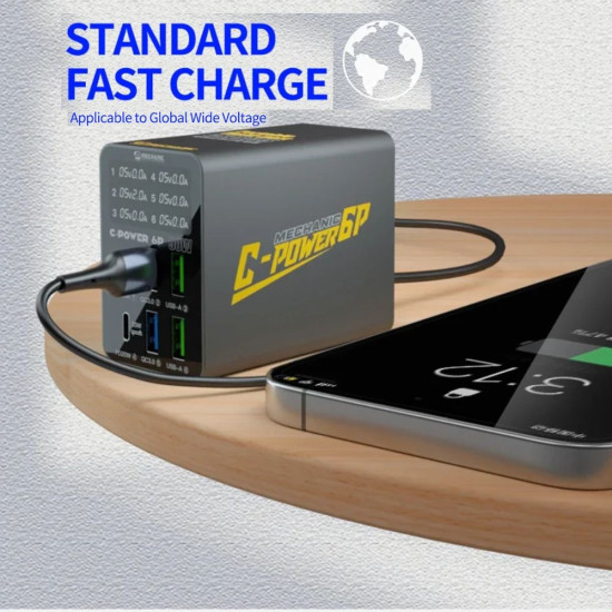 MECHANIC C-POWER 6S (6 PORT) USB AND C TYPE SMART DIGITAL DISPLAY FAST CHARGER SUPPORTS QC3.0 / PD PROTOCOL - 70W