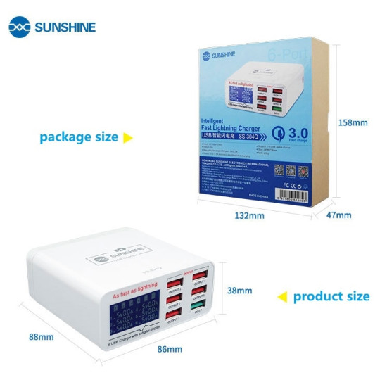 SUNSHINE SS-304Q 6 PORT USB SMART LIGHTNING CHARGER