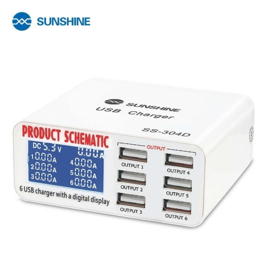 SUNSHINE SS-304D 6 PORT USB SMART CHARGER WITH REAL-TIME CURRENT/VOLTAGE STATUS