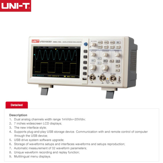 UNI-T UTD2102CEX+ 100MHZ DUAL-CHANNEL DIGITAL STORAGE OSCILLOSCOPE WITH 8-INCH COLOR LCD DISPLAY - 1GSA/S SAMPLING RATE