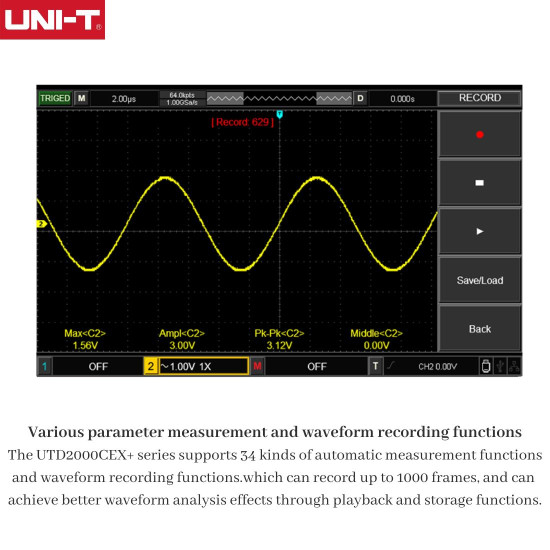 UNI-T UTD2102CEX+ 100MHZ DUAL-CHANNEL DIGITAL STORAGE OSCILLOSCOPE WITH 8-INCH COLOR LCD DISPLAY - 1GSA/S SAMPLING RATE