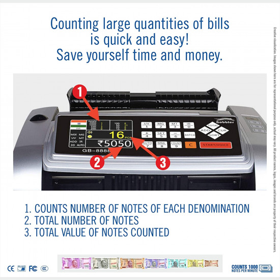 GOBBLER GB-8888-E MIX NOTE VALUE COUNTING BUSINESS-GRADE MACHINE FULLY AUTOMATIC CASH COUNTER WITH FAKE DETECTION