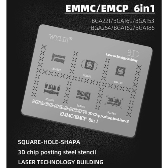 WYLIE 6 IN 1BGA REBALLING STENCIL FOR EMMC/EMCP/UFS IC CHIP - 3D