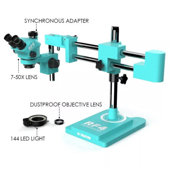 RF4 RF7050-TVW TRINOCULAR STEREO MICROSCOPE WITH DOUBLE ARM 360 DEGREE ANGLE BOOM STAND