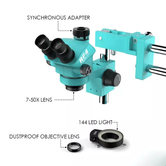 RF4 RF7050-TVW TRINOCULAR STEREO MICROSCOPE WITH DOUBLE ARM 360 DEGREE ANGLE BOOM STAND