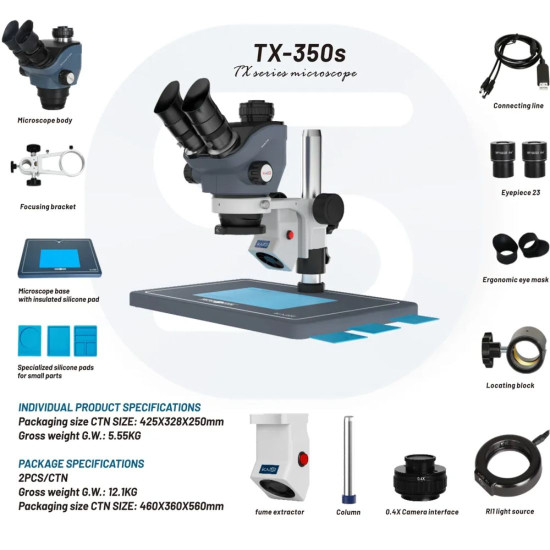 KAISI TX-350S 7X-50X STEREO 3D MICROSCOPE WITH EXHAUST FAN & BIG BASE FOR MOBILE PHONE PCB REPAIR