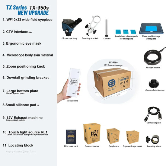 KAISI TX-350S 7X-50X STEREO 3D MICROSCOPE WITH EXHAUST FAN & BIG BASE FOR MOBILE PHONE PCB REPAIR