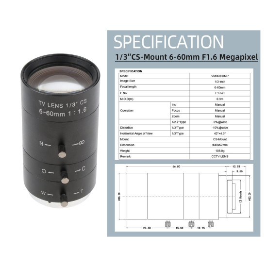 6-60MM CS MOUNT LENS MANUAL VARIFOCAL LENS FOR TRINOCULAR MICROSCOPE