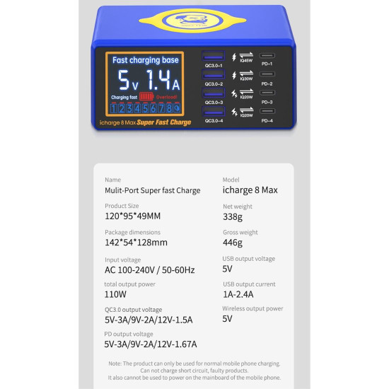 MECHANIC ICHARGE 8 MAX 8-PORT QC 3.0 WIRELESS INTELLIGENT SUPER FAST CHARGE STATION WITH LCD DISPLAY