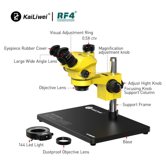 KAILIWEI M-7050TVP (3D CONTINUOUS ZOOM) 7X~50X TRINOCULAR STEREO MICROSCOPE WITH CAMERA OPTION & 0.5X CTV LENS WITH LED ADJUSTABLE LIGHT WITH 0.5X / 0.7X HEIGHT LENS 