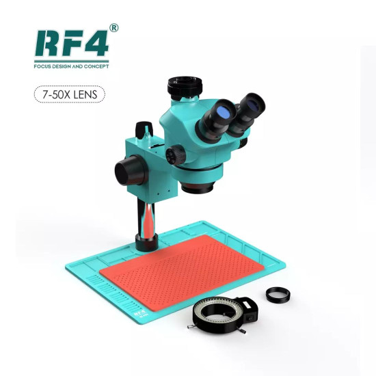 RF4 RF7050-P04 TRINOCULAR STEREO MICROSCOPE WITH MULTIFUNCTIONAL ALUMINUM ALLOY BASE 7X~50X ZOOM - 3D CONTINUOUS ZOOM