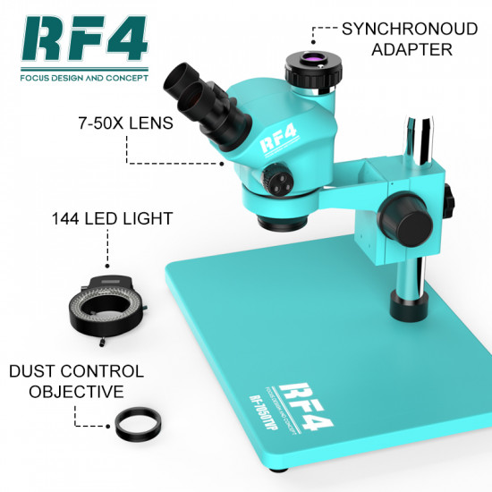 RF4 RF7050-TVP TRINOCULAR STEREO MICROSCOPE WITH 7X TO 50X CONTINUOUS ZOOM