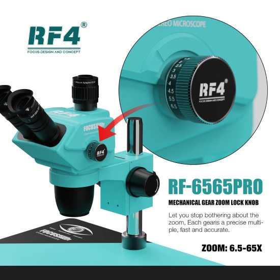 RF4 RF-6565 PRO 6.5-65X SYNCHRONOUS ZOOM TRINOCULAR STEREO MICROSCOPE WITH ALUMINUM ALLOY BASE