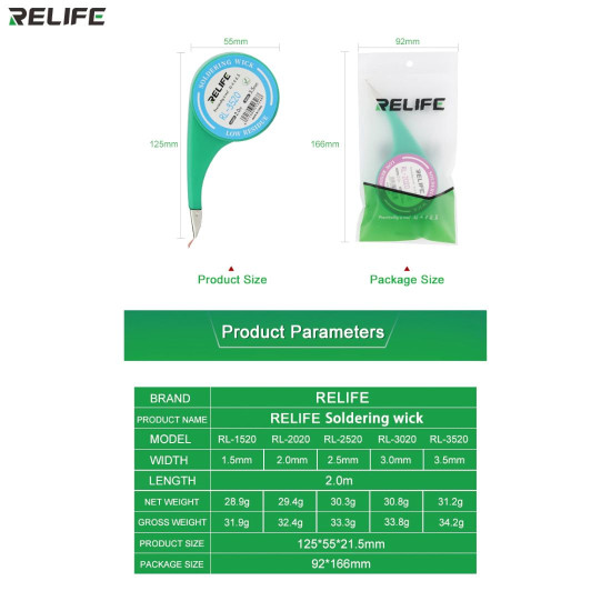 RELIFE RL-3020 NO-CLEAN DESOLDERING COPPER WICK WITH THUMP WHEEL