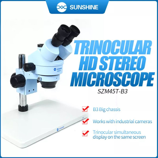 SUNSHINE SZM45T-B3 TRINOCULAR HD STEREO MICROSCOPE WITH LIGHT AND 0.5X LENS