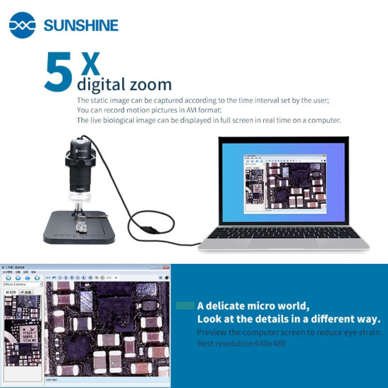 SUNSHINE DM-1000S 1000X PORTABLE USB DIGITAL MICROSCOPE GLASS MAGNIFICATION WITH ADJUSTABLE LED LIGHT