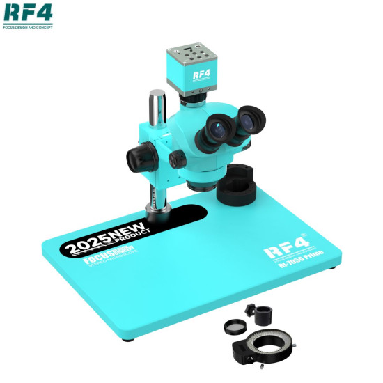 RF4 RF-7050 Prime With RF4 4KC1 HD Camera (3D Continuous Zoom) 7X~50X Trinocular Stereo Microscope With 0.5X CTV Camera Zoom Lens & LED Adjustable Light - 2025 Edition