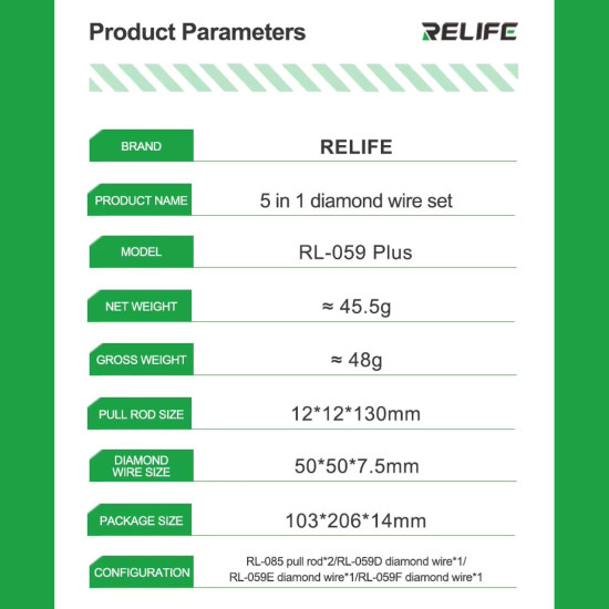 RELIFE RL-059 PLUS 5-IN-1 UNIVERSAL LCD / OLED SCREEN SEPARATION CUTTING DIAMOND WIRE SET