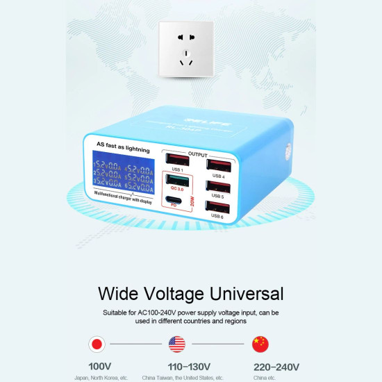 RELIFE RL-304P SMART 6-PORT DIGITAL DISPLAY LIGHTNING CHARGER