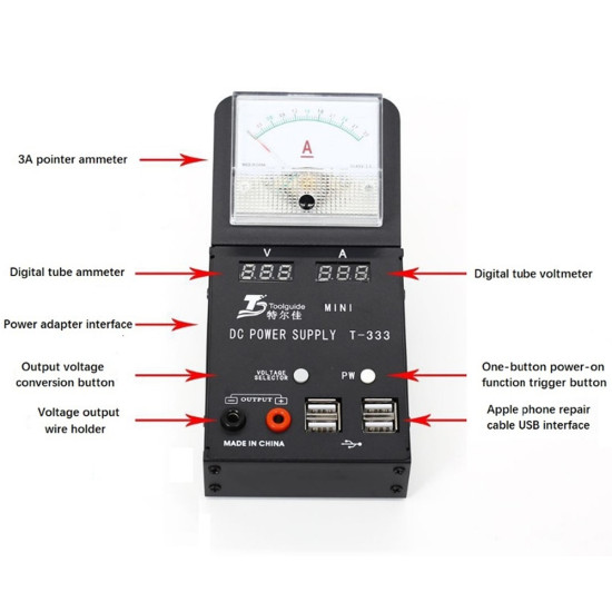 TOOLGUIDE T-333 MINI DIGITAL DC POWER SUPPLY AC INPUT 0-3A 4.2V/5.02V