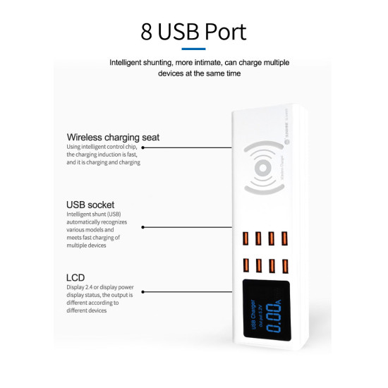 SUNSHINE SS-309WD 8 PORT QUICK USB MULTI CHARGER WITH WIRELESS