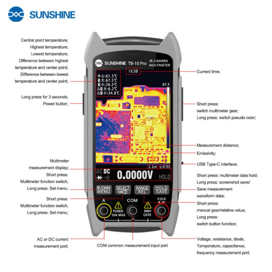 Sunshine TB-10 Pro Handheld Thermal Imager With Digital Multimeter for PCB Repair | Temperature & Voltage Measurement Sunshine TB-10 Pro Handheld Thermal Imager With Digital Multimeter for PCB Repair | Temperature & Voltage Measurement