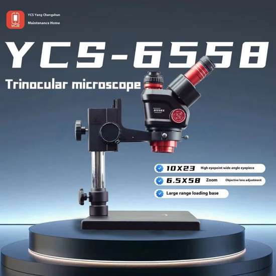 YCS 6558X (3D Continuous Zoom) 6.5X~58X Trinocular Stereo Microscope With 0.5X CTV Camera Zoom Lens & 144 LED Adjustable Light YCS 6558X (3D Continuous Zoom) 6.5X~58X Trinocular Stereo Microscope With 0.5X CTV Camera Zoom Lens & 144 LED Adjustable Light